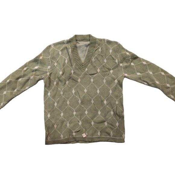 Vintage 1940s-1950s Olive Pea Green Beige Woven Print LS Knit V-Neck Sweater - Picture 2 of 8